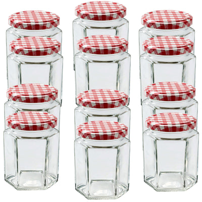 Glass Jars with Lids & Labels - 12 Hexagonal 9oz / 280ml Storage Jars of Quality Glass | Ideal for Spice Honey or Sweets
