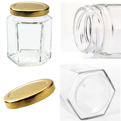Glass Jars with Lids & Labels - 12 Hexagonal 9oz / 280ml Storage Jars of Quality Glass | Ideal for Spice Honey or Sweets