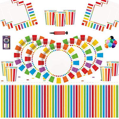 Rainbow Party Kids Birthday Decoration-Rainbow Plates Cups Napkins Table Covers Free 25 Balloons Candles Balloon Pump-16 Guests
