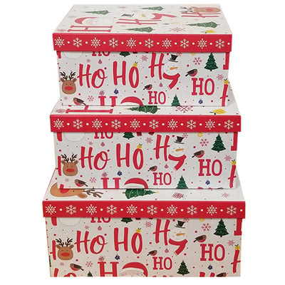 Ho Ho Ho Christmas Gift Box Rigid Cardboard Box- Set of 3