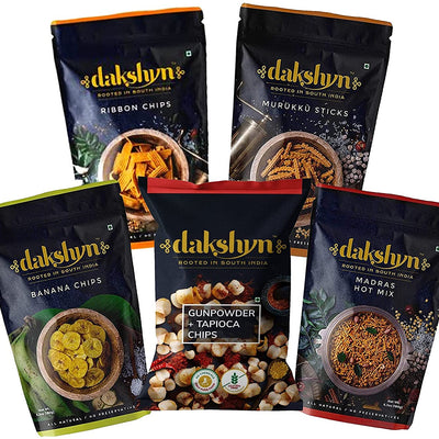 Spicy Indian Snacks- Dakshyn Banana Chips, Murukku Sticks, Ribbon Chips, Tapioca Chips, Madras Hot Mix