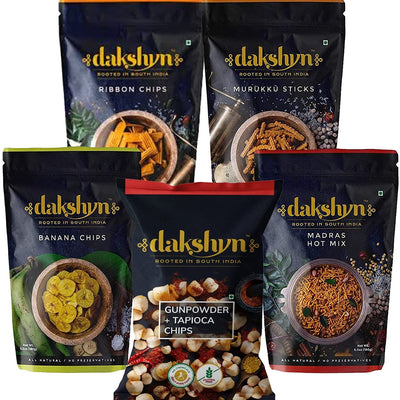 Spicy Indian Snacks- Dakshyn Banana Chips, Murukku Sticks, Ribbon Chips, Tapioca Chips, Madras Hot Mix