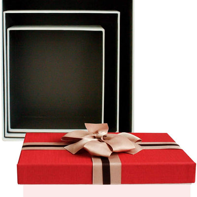 set of 3 strong gift box made of hard cardboard with red lid with two tone ribbon and brown bow. its interior is black in colour and packed one inside other