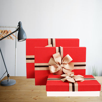 set of 3 strong gift box made of hard cardboard with red lid with two tone ribbon and brown bow