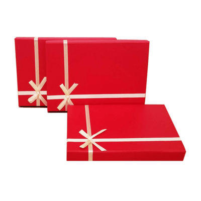Set of 3 Red Rigid Cardboard Large Letter Size Gift Box Designed with cream ribbon bow